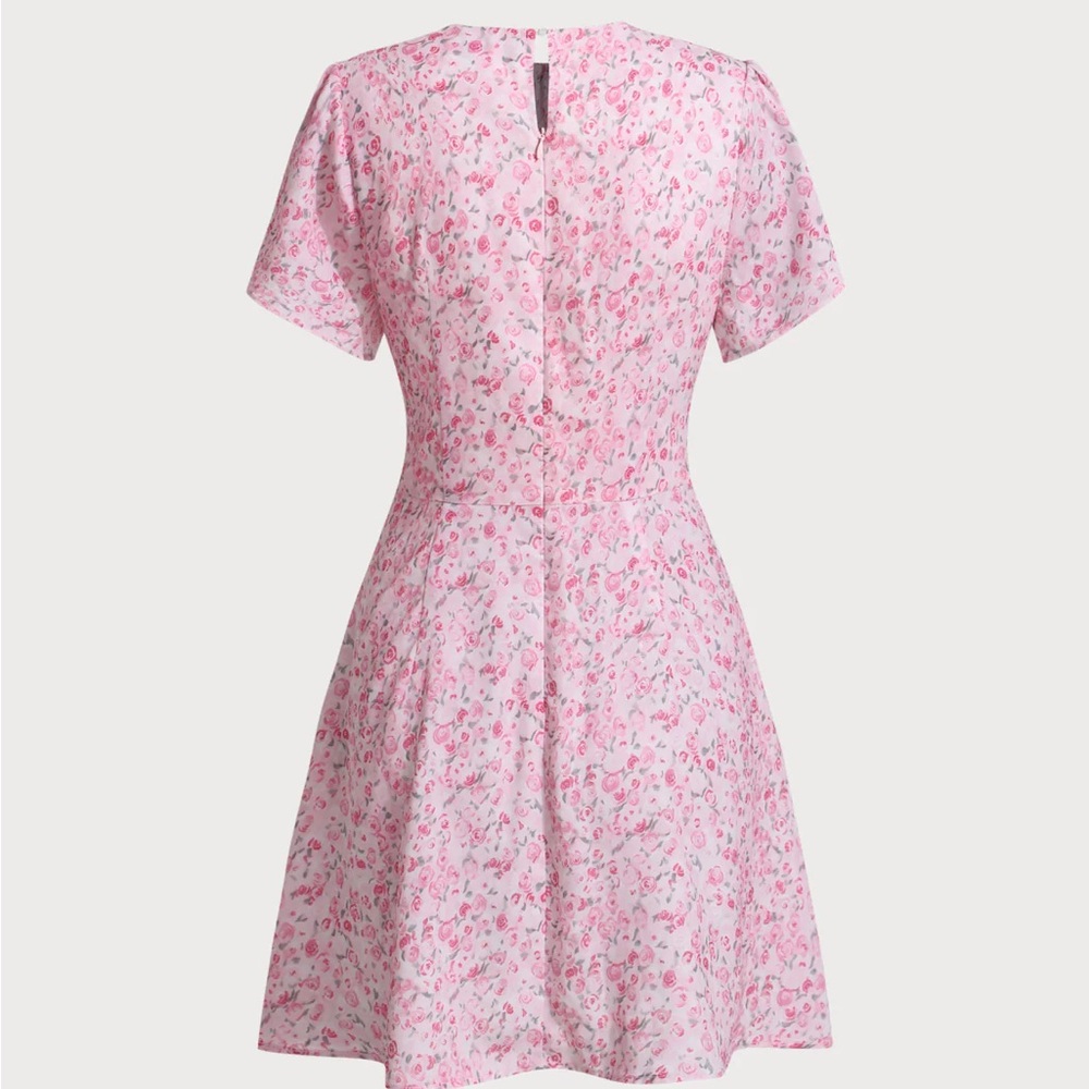 Pink Floral Round Neck Pleated Mini Dress - Picture 6 of 8